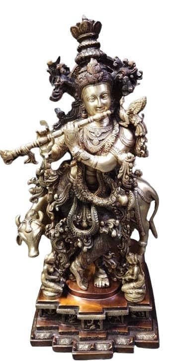 Brass Colorful Krishna with Cow Playing Flute Statue Fully Carved Idol for Home Decor/Gift Item